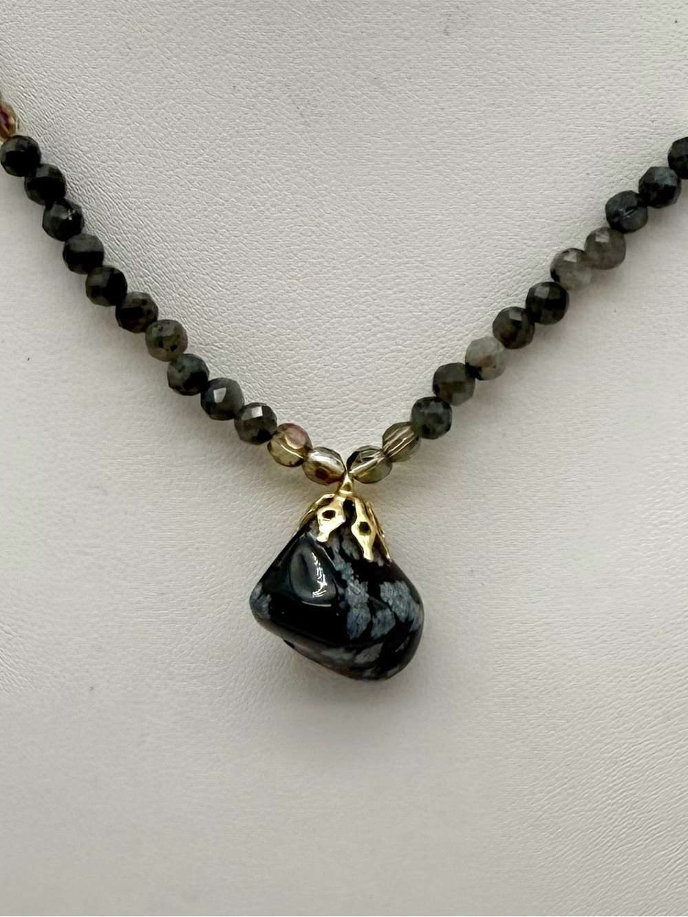 Artisan Snowflake Obsidian Bead Necklace with Nugget Pendant - Picture 4 of 5